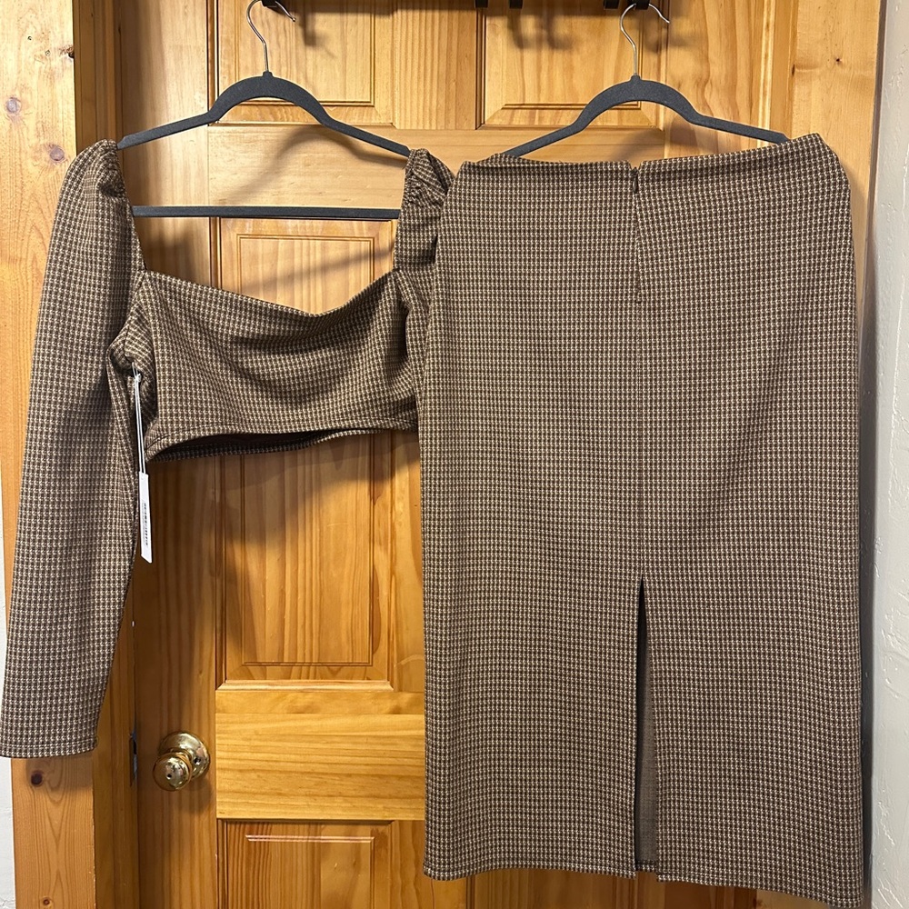 Reformation Brown Check Midi Skirt